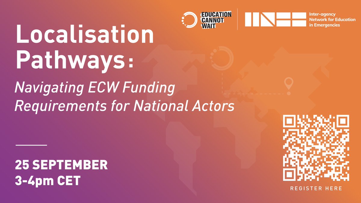 💻 #Webinar: Localisation Pathways – Navigating #ECW Funding Requirements for National Actors

In line with #ECW’s commitment to advancing #localisation, this session by <a href="/EduCannotWait/">Education Cannot Wait</a> &amp; <a href="/INEEtweets/">INEE</a> will provide #CSOs with tailored guidance on how to directly access ECW funding.