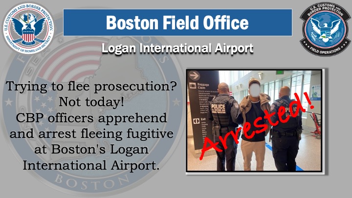 DFOBoston's tweet image. CBP Officers at Boston Logan International Airport successfully apprehend and arrested a fugitive fleeing to Brazil, showcasing our unwavering commitment to protect the homeland. @CBP remains steadfast in its mission. #OFOProud #ProtectingAmerica