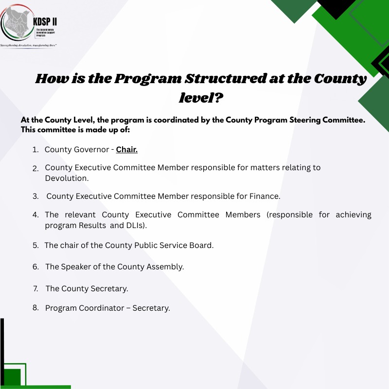 Devolution_KE's tweet image. KDSP II STRUCTURE AT COUNTY LEVEL
➡️ The County Program Steering Committee, chaired by the Governor,provides policy guidance to the Program
➡️County Program TechnicalCommittee provides technical support to the program.
Learn more ⬇️
#KDSPII structure at the County Level
