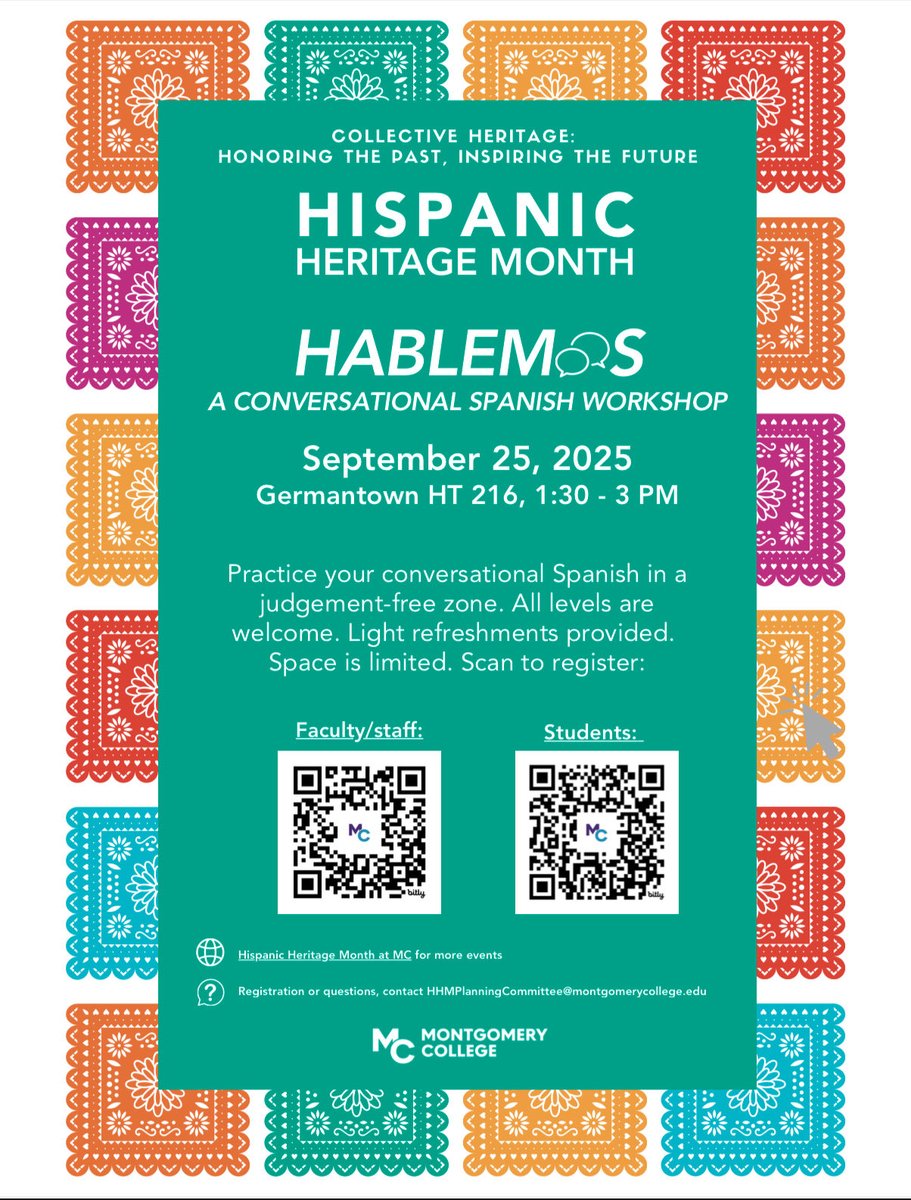 Hablemos Español Workshop 
Join us for this no-judgment zone workshop to practice conversation skills, build confidence, and connect with others! All levels are welcome! ⁦<a href="/montgomerycoll/">Montgomery College</a>⁩ ⁦<a href="/StlifeGT/">StudentlifeGT</a>⁩ ⁦<a href="/mcrvstudentlife/">MC Student Life Rockville</a>⁩ ⁦<a href="/Studentlifetpss/">Student Life at TPSS</a>⁩