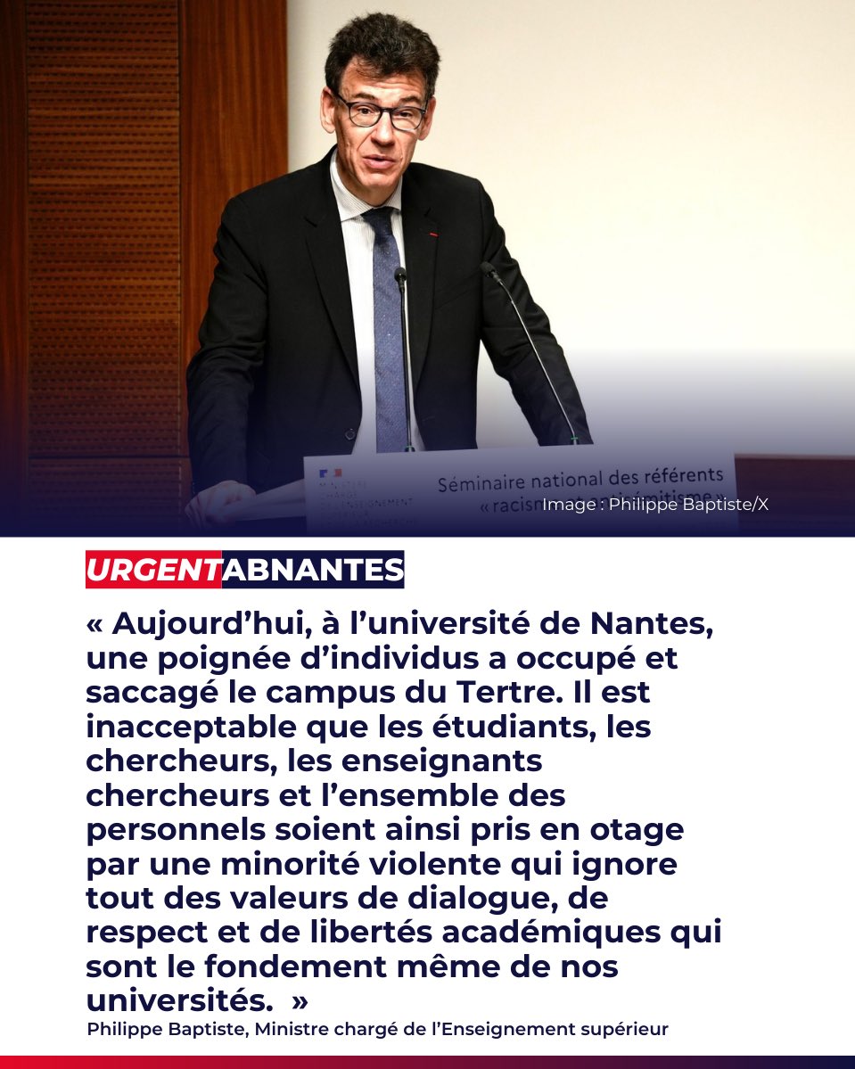 🔴 URGENT : La colère du Ministre chargé de l'Enseignement supérieur <a href="/PhBaptiste/">Philippe Baptiste</a> après des débordements à l’Université de #Nantes.