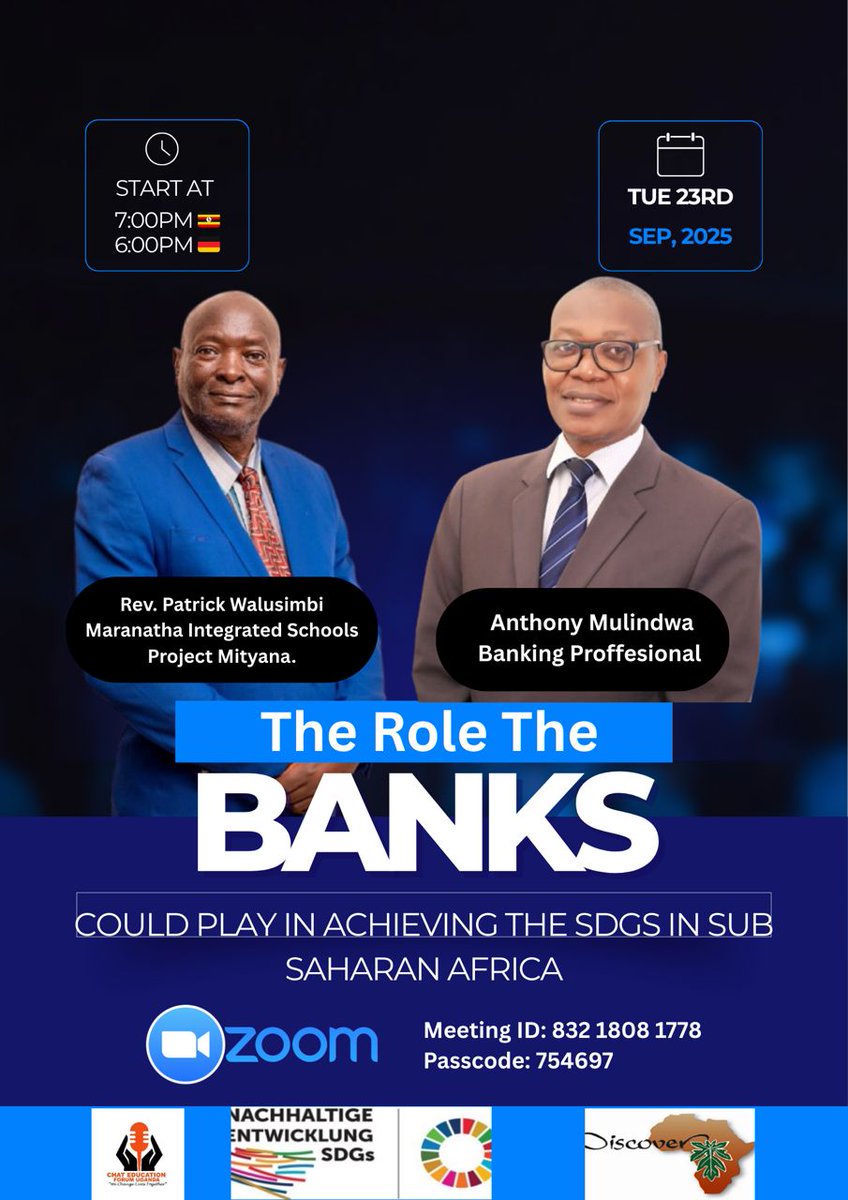ChatUganda256's tweet photo. “The Role Banks Could Play in Achieving the SDGs in Sub-Saharan Africa” 🌍💡.

💻 Zoom Link: https://t.co/512C8cQiNu

🔑 Meeting ID: 832 1808 1778
🔐 Passcode: 754697

Be part of the conversation shaping Africa’s sustainable future! ✨ https://t.co/wXE3SxeCN8