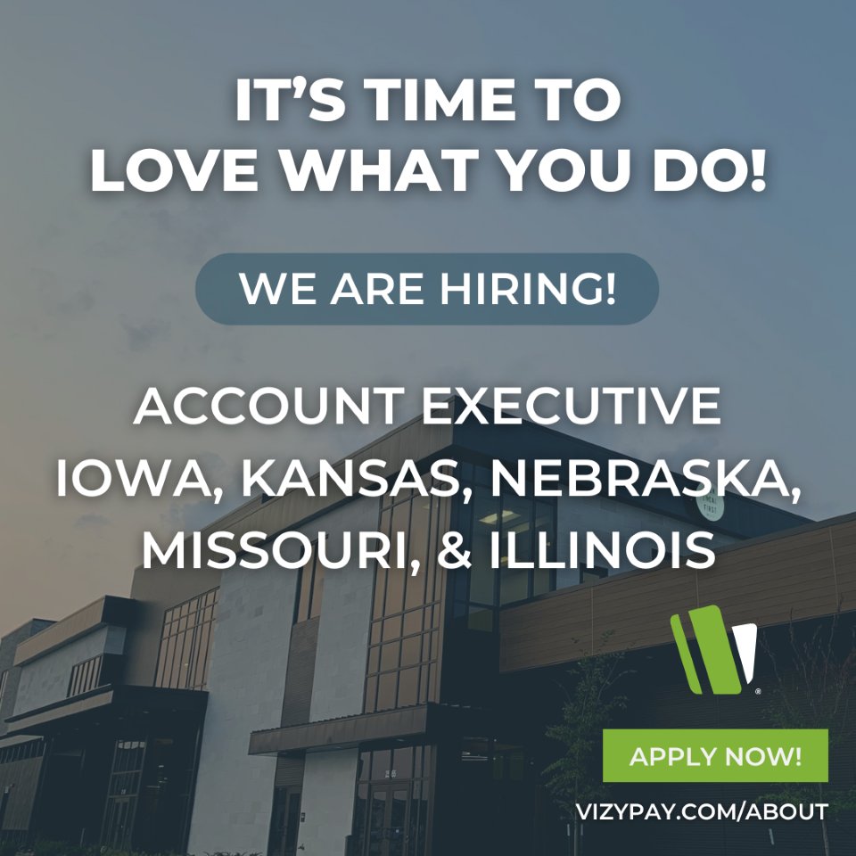 Love what you do and build a career that makes an impact. VizyPay is growing, and we’re looking for driven Account Executives across Iowa, Kansas, Nebraska, Missouri, and Illinois.

If you’re ready to join a people-first team that values your growth, apply today at