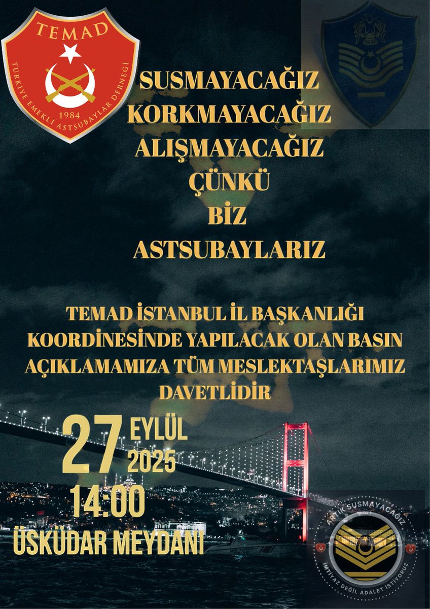 27 Eylül 2025 saat: 14.00 'de İstanbul Üsküdar Meydanında buluşuyoruz. 50  yıldır verilmeyen haklarımız için basın açıklaması yapacağız.

<a href="/Akparti/">AK Parti</a> 
<a href="/MHP_Bilgi/">MHP</a> 
<a href="/herkesicinCHP/">CHP 🇹🇷</a>
<a href="/iyiparti/">İYİ Parti</a>

<a href="/RTErdogan/">Recep Tayyip Erdoğan</a> 
<a href="/dbdevletbahceli/">Devlet Bahçeli</a> 
<a href="/eczozgurozel/">Özgür Özel</a>
<a href="/MDervisogluTR/">Müsavat Dervişoğlu</a>
<a href="/tcsavunma/">T.C. Millî Savunma Bakanlığı</a> 
<a href="/TC_icisleri/">T.C. İçişleri Bakanlığı</a>
<a href="/TSKGnkur/">TSK</a>