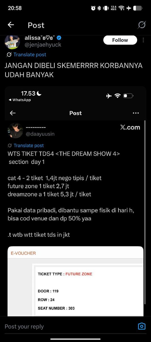 GUYSS JANGAN DI BELI . INI SCAMMER YA. ITU EVOUCHER PUNYA KU DI PAKE BUAT NIPU SAMA DIA 😭 

Aku minta tolong bantu jual sama temenku tiket FUTURE ZONE Day 1 DOOR 119 Row 24 SN 303 (Ada 2 tix) . Tapi dapet info kalau tiketku di pakai buat nipu 🫠

<a href="/daayuusin/">---------</a> 

T. Scam tds4