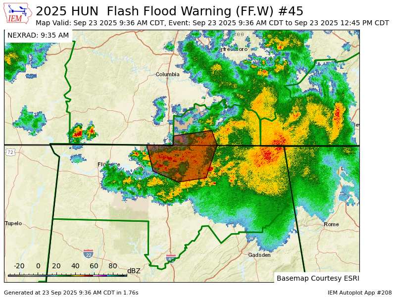 HUN issues Flash Flood Warning [flash flood: radar and gauge indicated] for Limestone, Madison [AL] and Lincoln [TN] till Sep 23, 12:45 PM CDT mesonet.agron.iastate.edu/vtec/f/2025-O-…
