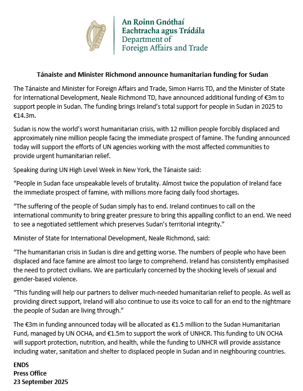 Irish_Aid's tweet photo. Sudan is the world’s worst humanitarian crisis, with 12 million people forcibly displaced and 9 million people facing the immediate prospect of famine.

Tánaiste @SimonHarrisTD and  Minister @nealerichmond today announced additional funding of €3m for Sudan. https://t.co/zjwfqAAOEx