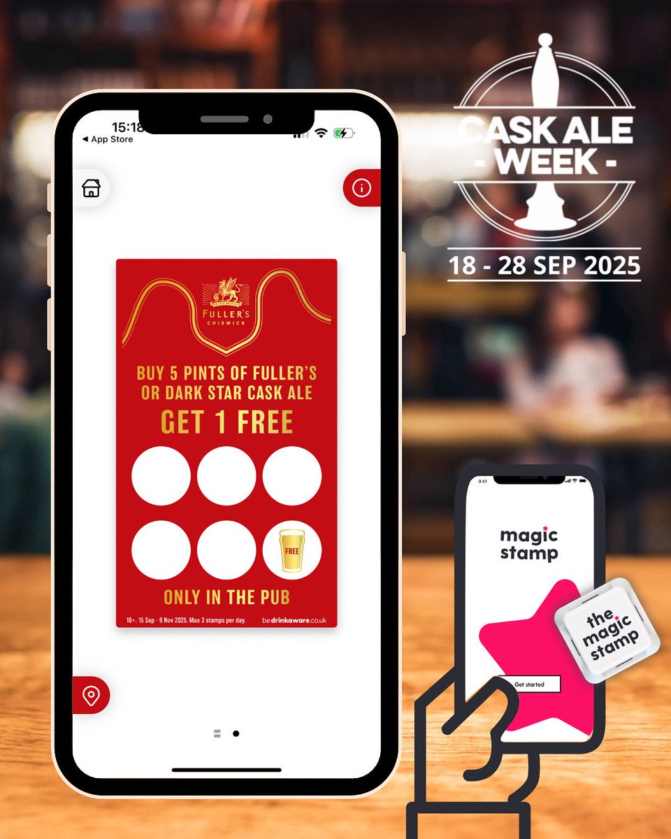 caskaleweek's tweet image. 🍺 Buy 5 pints of Fuller’s or Dark Star cask ale &amp;amp; get the 6th FREE! 
 
Download the Magic Stamp app to enjoy this offer during #CaskAleWeek. Every pint earns you a virtual stamp – collect 5 and your next one’s on the house!
 
Get the app 👉 magicstamp.com/the-app
