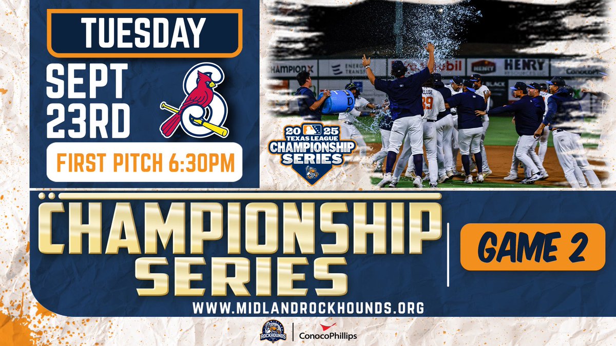 RockHounds's tweet image. Championship Series Game 2 in RockyTown. ☺️ Let’s go Hounds! #OneMoreWin 

⏰: 6:30
📍: Momentum Bank Ballpark
🎟️: shorturl.at/8AhWQ