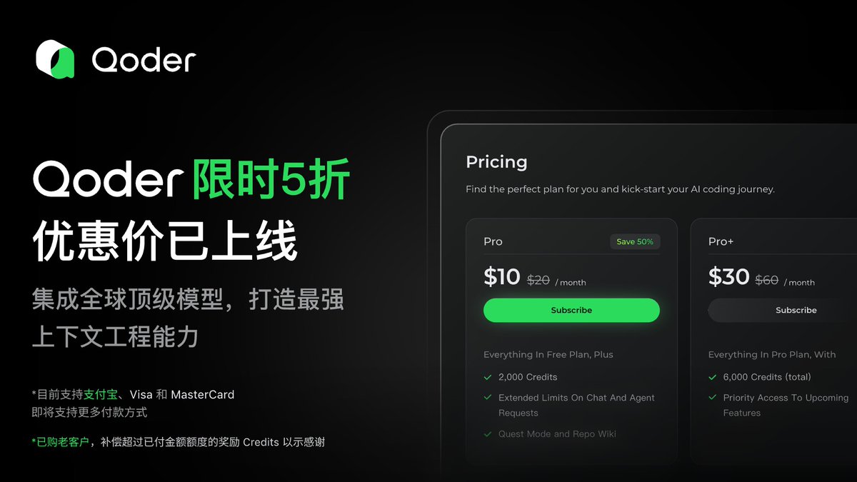 昨天给大家推荐了阿里旗下的AI IDE 编辑器Qoder，虽然新用户有赠送1000 积分，但对于高频使用的开发者来说，还是不太够用。 在大家纷纷感叹