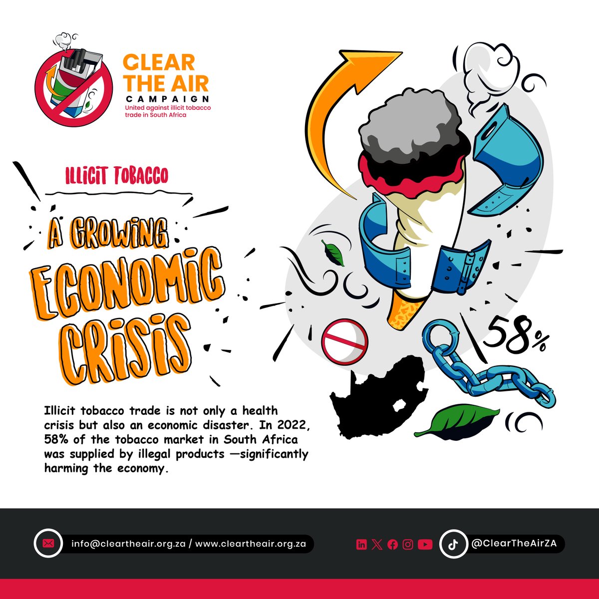✍️ Sign the petition: cleartheair.org.za/petition/end-i…

Illicit Tobacco = Economic Crisis 🚨

The illegal tobacco trade is draining billions from South Africa’s economy, money that should fund schools, hospitals, and vital services. Criminal networks profit while our communities pay the