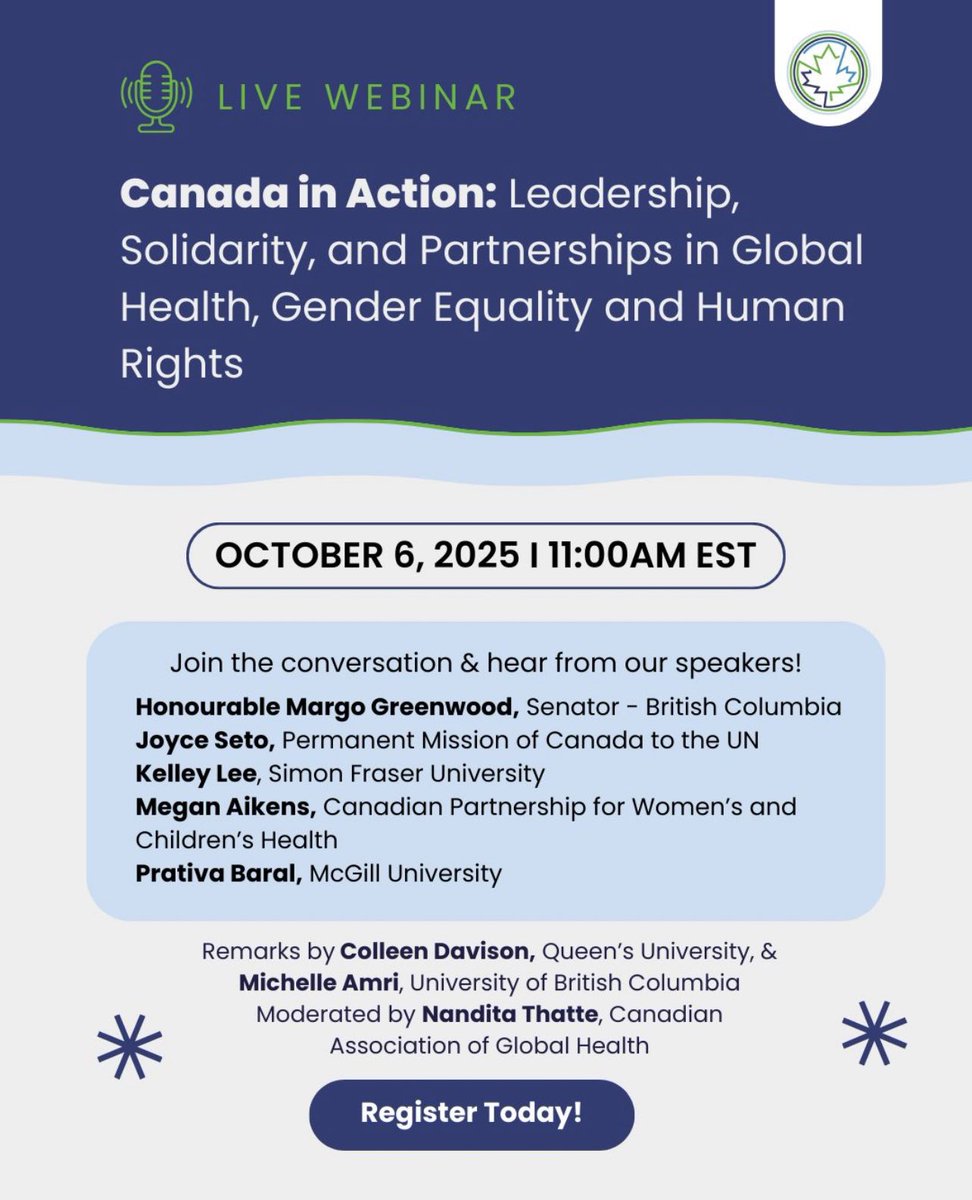Can Global Health │ Santé mondiale Can (@cagh_acsm) on Twitter photo 🌍 Join <a href="/CAGH_ACSM/">Can Global Health │ Santé mondiale Can</a> for a webinar on Canada’s leadership in global health, with a focus on #GenderEquality & #SRHR.
🎙️ Speakers from govt, academia & civil society
📅 Oct 6 | 8AM PST · 11AM EST · 5PM CET
🔗 Register: us06web.zoom.us/webinar/regist…
#GlobalHealth #HealthEquity 🌍 Join <a href="/CAGH_ACSM/">Can Global Health │ Santé mondiale Can</a> for a webinar on Canada’s leadership in global health, with a focus on #GenderEquality & #SRHR.
🎙️ Speakers from govt, academia & civil society
📅 Oct 6 | 8AM PST · 11AM EST · 5PM CET
🔗 Register: us06web.zoom.us/webinar/regist…
#GlobalHealth #HealthEquity