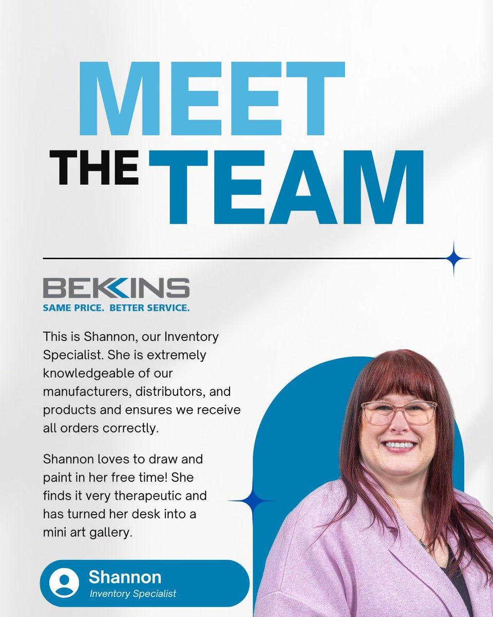 _bekins's tweet photo. Meet the Bekins Team! Shannon is our Inventory Specialist and has been with Bekins for 3 years!

She is extremely knowledgeable of our manufacturers, distributors, and products and ensures we receive all orders correctly.

In her free time, Shannon loves to draw and paint!🎨 https://t.co/Nqg0MD3o0p