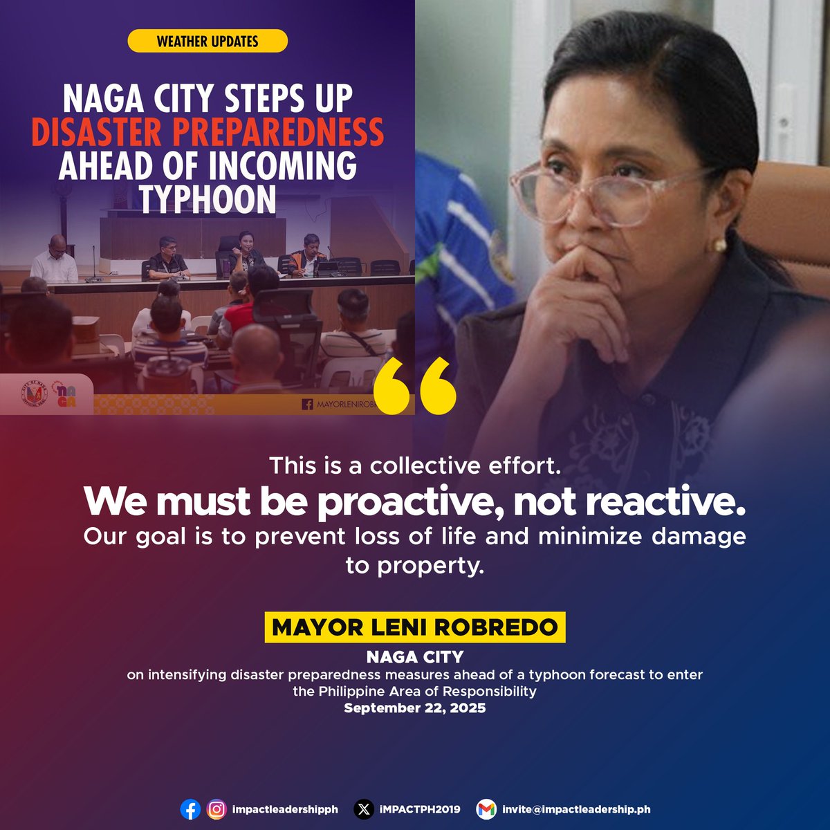 iMPACTPH2019's tweet image. NAGA CITY STEPS UP DISASTER PREPAREDNESS AHEAD OF INCOMING TYPHOON

The Naga City government has intensified disaster preparedness measures ahead of a typhoon forecast to enter the Philippine Area of Responsibility on Friday, September 26.

Mayor Leni Robredo convened barangay…
