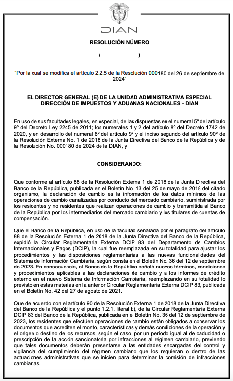 #Noticia | 🔴 La <a href="/DIANColombia/">DIANColombia</a> busca modificar el artículo 2.2.5 de la Resolución 000180 de 2024, y ampliar los términos de entrega de la información exógena cambiaria para quienes están obligados 👉 actualicese.com/dian-busca-amp…