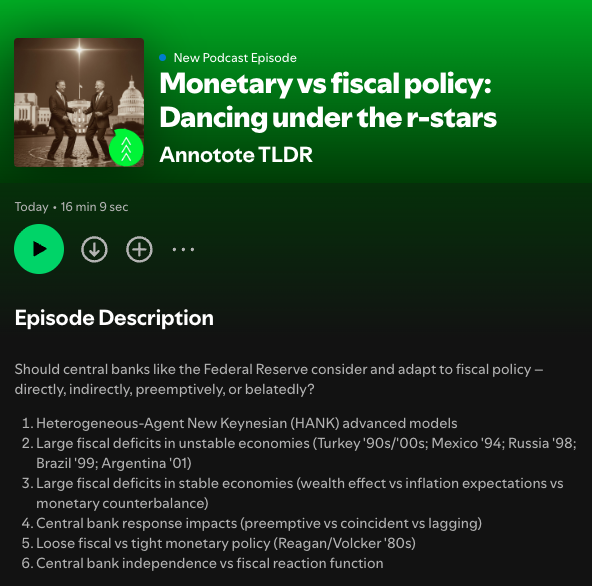 AnthPB's tweet image. ANNOTOTE TLDR (EPISODE 17) – how can or should an independent Fed react to government policy:

&quot;Monetary vs fiscal policy: Dancing under the r-stars&quot;

🎧 spotify: open.spotify.com/episode/3DsbTQ…

🎧 apple:
podcasts.apple.com/us/podcast/ann…

🎧 RSS: anchor.fm/s/fc7293e8/pod…

#deficits #econometrics