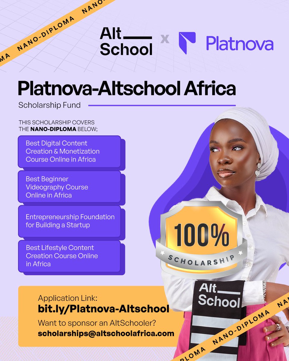 AltSchoolAfrica's tweet image. We’re excited to announce that we at AltSchool Africa just teamed up with Platnova, and trust us, this is the kind of partnership that actually changes lives.  🥳

We’re we will be giving out 100% scholarship to help you learn top skills in content creation, videography,…