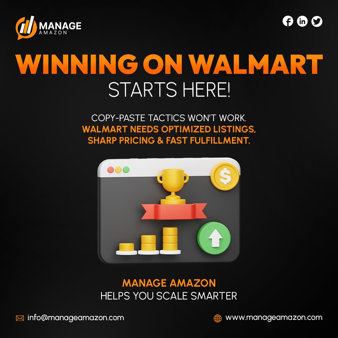 manageamazon's tweet image. Winning on Walmart starts with strategy, not copy-paste. Success needs Walmart SEO, sharp pricing &amp;amp; fast fulfillment. At Manage Amazon, we help sellers unlock Walmart’s growth. DM us today to scale smarter!  manageamazon.com #WalmartSellers #EcommerceTips