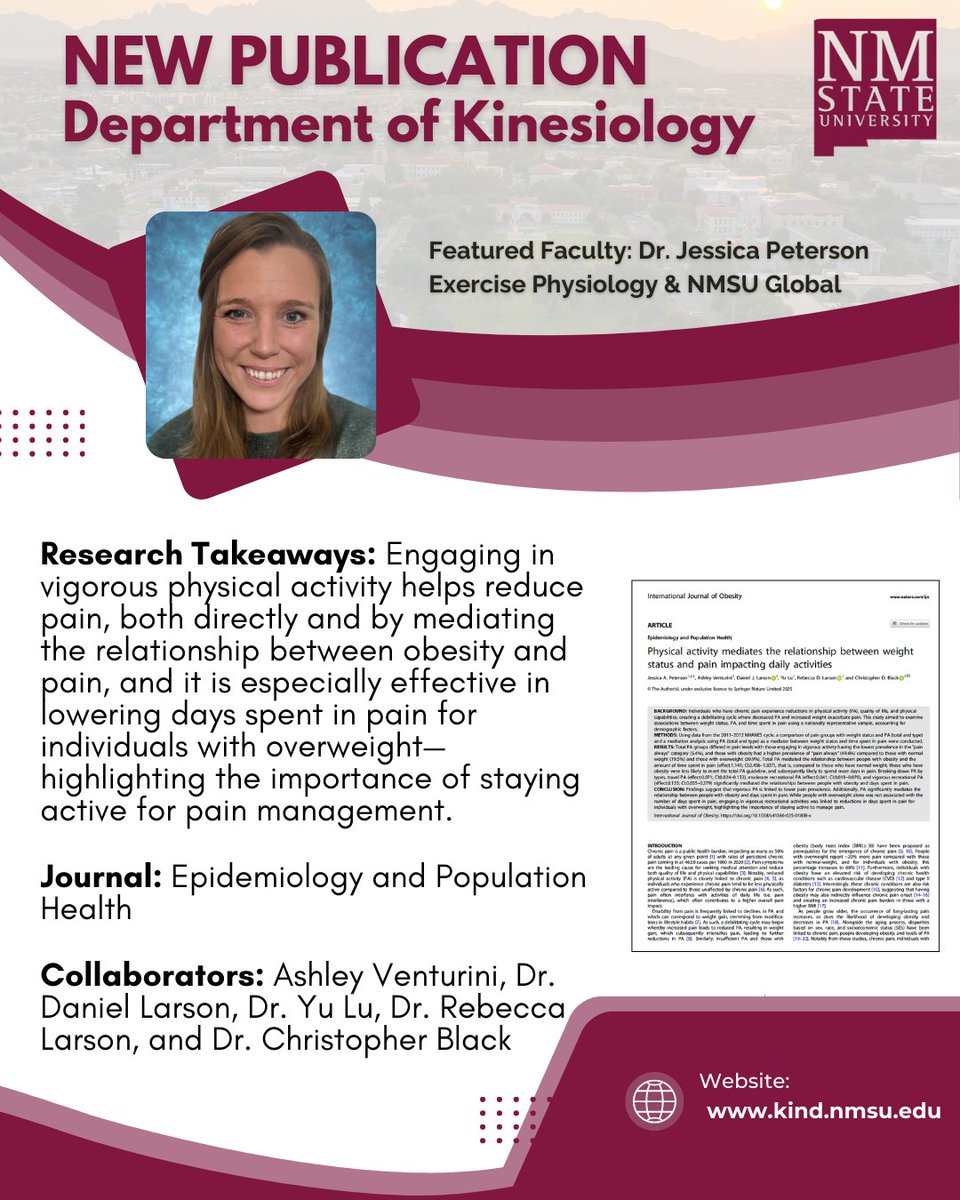 🚨 New Pub! 🚨 Dr. Jessica Peterson’s latest research shows how physical activity + weight status impact pain—and why staying active is key for managing it 💪🔥

Read more 👉 nature.com/articles/s4136…

#NMSUKinesiology #KinesiologyResearch #AggieUP