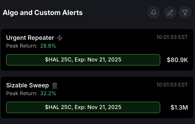 BullflowIO's tweet photo. $2.47M $HAL OTM Calls 

🔔🔔 Double Alert this morning already up ~30% https://t.co/1pLgPkuz4w