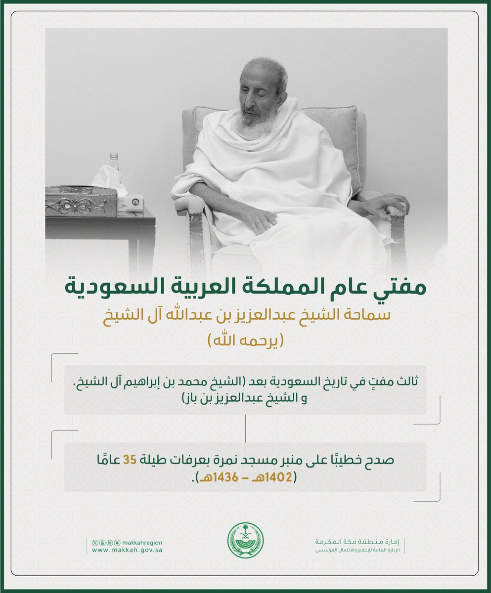 سُجّل اسمه كأكثر خطيبٍ وقف على منبر عرفة..
#مفتي_عام_المملكة سماحة الشيخ عبدالعزيز بن عبدالله آل الشيخ (يرحمه الله)