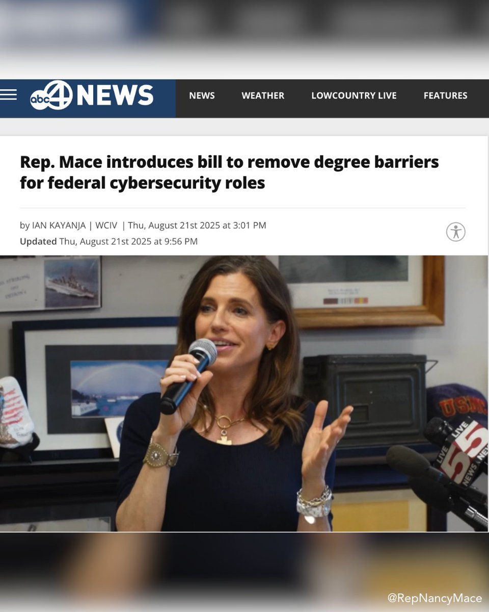 RepNancyMace's tweet photo. We’re opening the doors for more talent in federal cybersecurity. 

The best person for the job should be chosen for skill and ability, not just a degree. https://t.co/vzW8dJvOQs