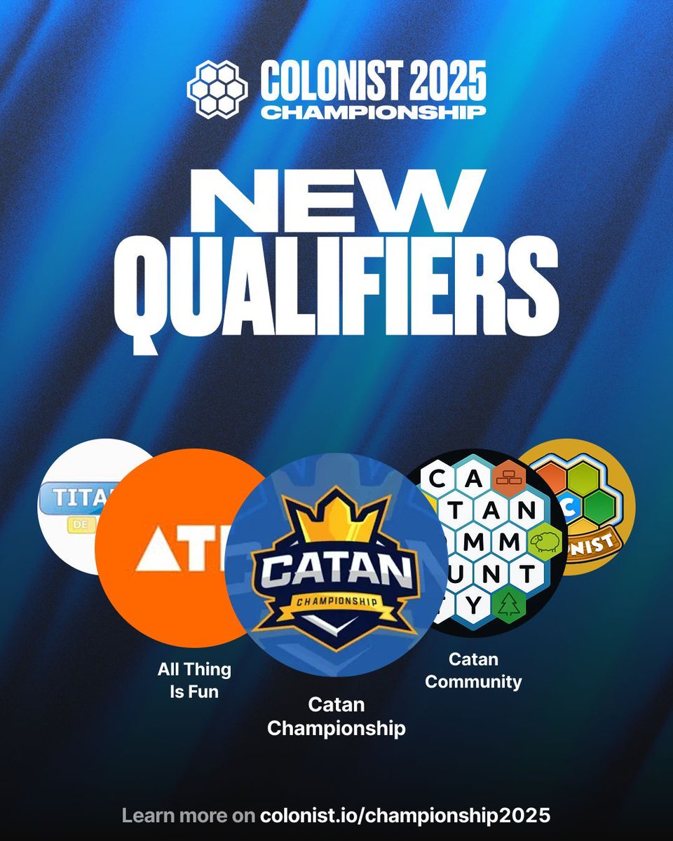 colonistio's tweet image. Introducing Championship 2025 New Hosts. 

Qualifiers run all September-October.

Pick your city. Pick your lobby. Pick your moment.

Win your event and claim your ticket to the November Championship. 🏆

Link in bio. 

#colonist #catan #boardgamegeek #browsergame #boardgame…