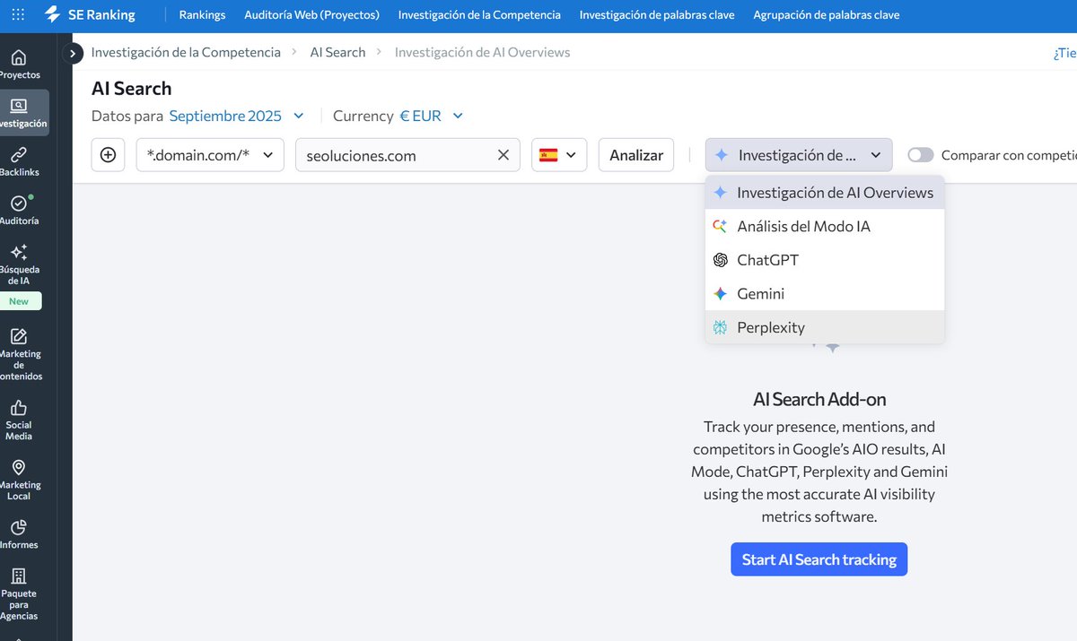 soywebmaster's tweet image. 😍Con @SERankingES vas a poder trackear las menciones y enlaces de IAs como ChatGPT, Germini, Perplexity e IA Overviews de Google