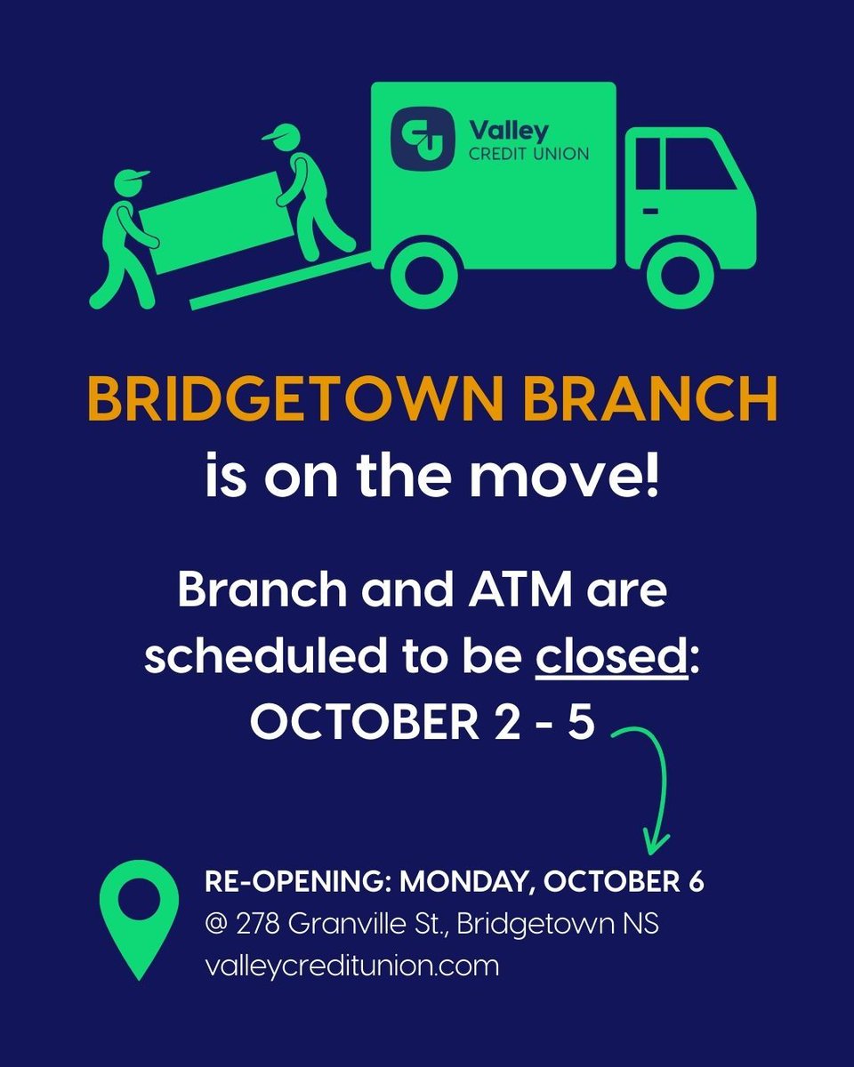 Our Bridgetown Branch is relocating next week. As we prepare, please note that branch and ATM services will be unavailable starting Thursday, October 2 until the move is complete. We expect to reopen on Monday, October 6. If possible, ATM access will return sooner.