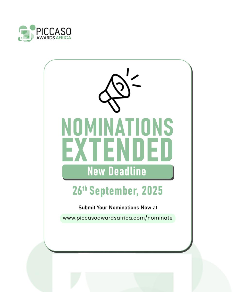 PiccasoAfrica's tweet image. It’s official! 🚨

The nomination deadline has been extended to Friday, 26th September. If you haven’t submitted yet, now’s your chance to send in your nominations today through our website.

👉 Full details are available at piccasoawardsafrica.com/nominate