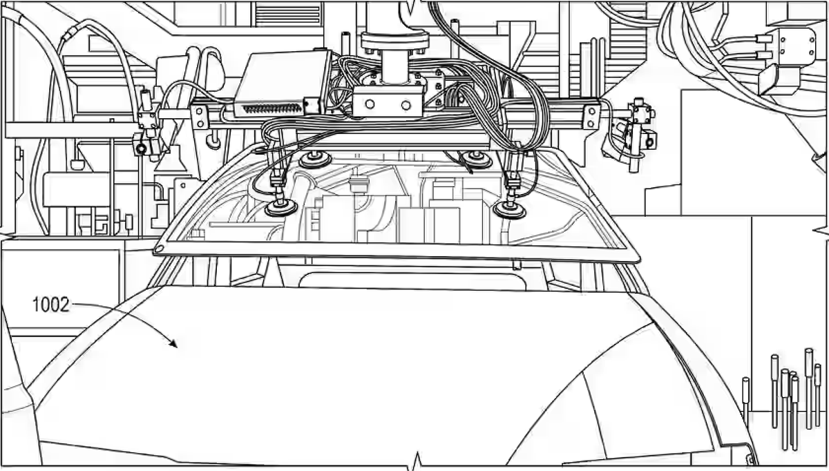 SawyerMerritt's tweet photo. NEWS: Tesla's patent for a part of the Unboxed Process was just granted. This is partly how the Cybercab will be built.

The patent describes a system that uses a robotic station with special holders for each car part. The parts are locked in place with vacuum clamps, then glue is applied to either the part or the car frame. The robot lines everything up using a fixed reference point, presses the pieces together, and the glue starts bonding. This process is faster and more accurate because the glue can fill small gaps, and workers can keep assembling while it cures. Overall, it makes car building quicker, more consistent, and less dependent on manual labor.
