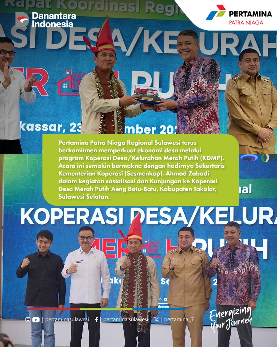 pertamina_7's tweet photo. Sesmenkop RI, Ahmad Zabadi, meninjau langsung Koperasi Merah Putih di Sulawesi bersama Pertamina Patra Niaga Regional Sulawesi. 💪

Melalui program Koperasi Desa/Kelurahan Merah Putih (KDMP), Pertamina berkomitmen mendukung kemandirian desa, akses energi terjangkau, dan ekonomi yang inklusif. 🌱

✅ Harga LPG lebih terjangkau
✅ Ekonomi desa makin kuat
✅ Kolaborasi lintas sektor demi kemajuan bersama

#PertaminaUntukDesa
#KoperasiMerahPutih
#EkonomiKerakyatan
#PatraNiagaSulawesi
#SDGsIndonesia
#EnergiUntukRakyat
#BUMNUntukIndonesia