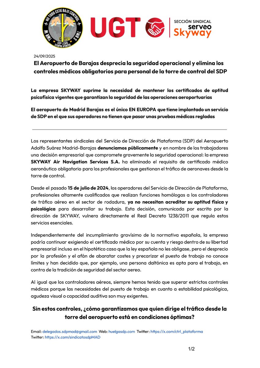 sindicatosdpMAD's tweet image. La situación en las torres de Madrid Barajas ha tomado un giro peligroso

Skyway ha eliminado la necesidad de una evaluación psicofísica obligatoria en las torres dl aeropuerto

Ahora puede entrar a trabajar a la torre  una persona daltónica, medio sorda o con problemas mentales