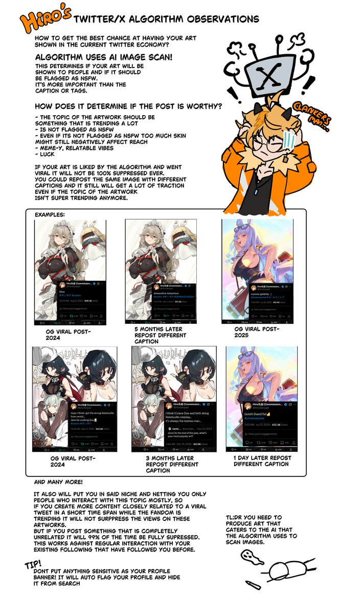 HiroSenpaii's tweet image. Fellow artists!🫡
The scales have tipped. There is too much suppression of art going on here.
I decided to share a bunch of observations that I have made for the past year or so regarding how the algorithm treats the art we make.
I hope this helps artists that were not aware.