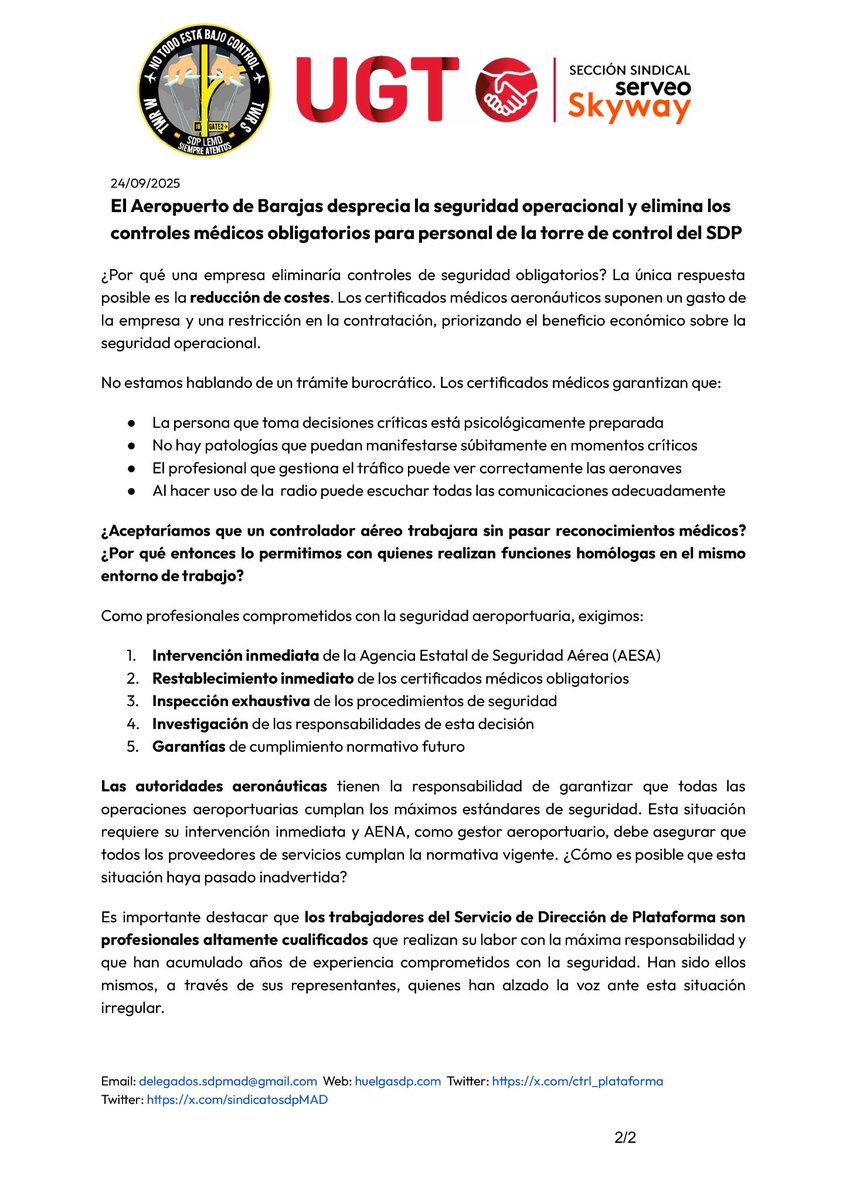 sindicatosdpMAD's tweet image. La situación en las torres de Madrid Barajas ha tomado un giro peligroso

Skyway ha eliminado la necesidad de una evaluación psicofísica obligatoria en las torres dl aeropuerto

Ahora puede entrar a trabajar a la torre  una persona daltónica, medio sorda o con problemas mentales