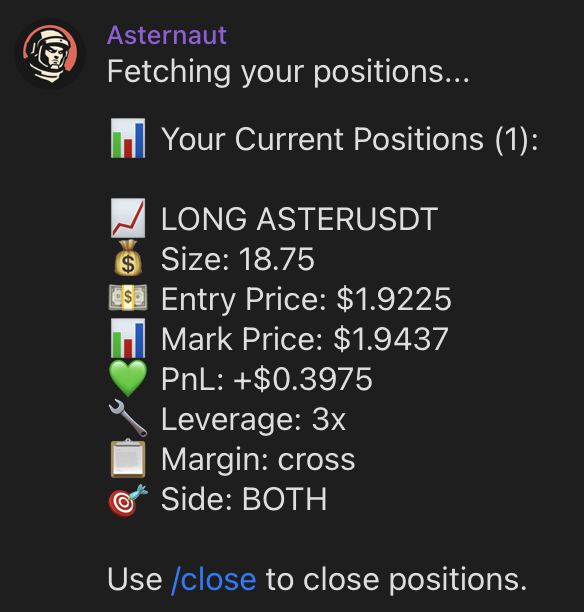 asternaut_trade's tweet photo. Asternaut is your telegram client for @Aster_DEX 

You can directly deposit long and short and check your positions on Aster without leaving Telegram https://t.co/OH8PqQCl67