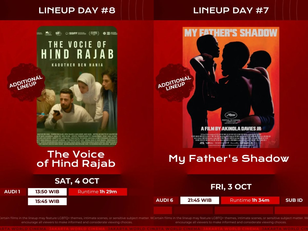 Extra show buat film-film yang high demand di JWC! 

Ada tambahan line-up juga, THE VOICE OF HIND RAJAB dan MY FATHER'S SHADOW. 

Tiket dijual mulai 24 September 11.00 WIB lewat app CGV.