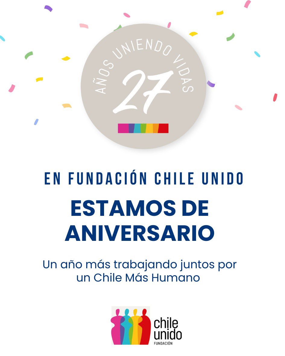 27 AÑOS DE HISTORIA cumple Fundación Chile Unido contribuyendo a un país +humano:
🩵+8.900 niños han nacido en Programa Acompañamiento Embarazadas 
💚+32.000 atenciones psicológicas en Programa Comunícate
🧡+22 años impulsando Programa Conciliación Vida Personal,Familia &amp; Trabajo