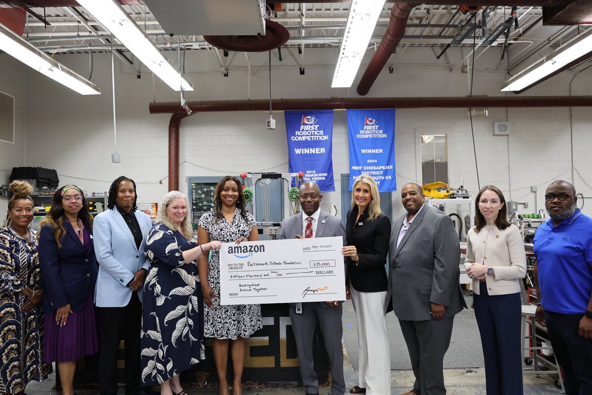 PortsVASchools's tweet photo. Today, @amazon staff presented Portsmouth Public Schools with a $15,000 Amazon Community Engagement grant to support expanded access to technology. This money will be split among the high schools to use in their robotics programs. Special thanks to Speaker @SpeakerDonScott for connecting Amazon with PPS! #PPSShines