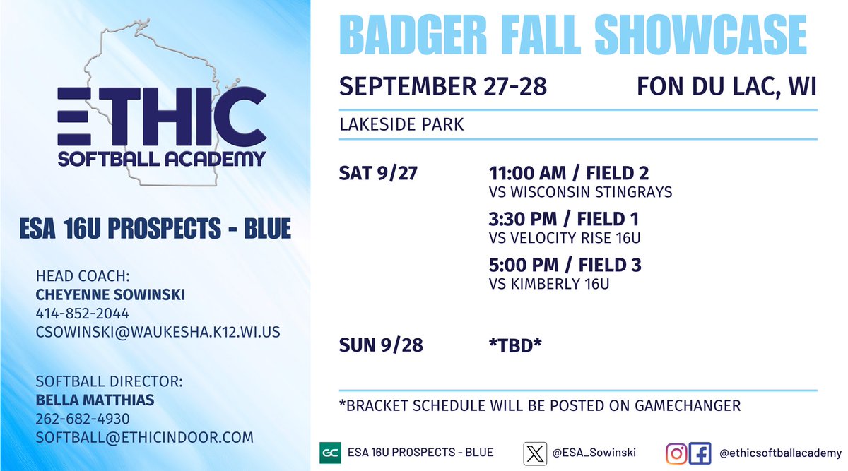ESA 15U Prospects (@esa_harris) on Twitter photo Game Schedule for the Badger Fall Showcase in📍Fon Du Lac, WI!! 💥
<a href="/Lily_Woida17/">Lily Woida</a> <a href="/SarahOrlowski17/">Sarah Orlowski</a> <a href="/AveryS41179/">Avery Schaak</a> <a href="/ashlee_barry17/">Ashlee Barry</a> <a href="/kinleeabell2027/">Kinlee Abell</a> <a href="/sydneyy_york/">Sydney York</a> <a href="/Elise_warnock/">Elise Warnock 2027</a> <a href="/ryleighboughner/">Ryleigh Boughner</a> <a href="/ElsaJensen5050/">Elsa Jensen</a> Game Schedule for the Badger Fall Showcase in📍Fon Du Lac, WI!! 💥
<a href="/Lily_Woida17/">Lily Woida</a> <a href="/SarahOrlowski17/">Sarah Orlowski</a> <a href="/AveryS41179/">Avery Schaak</a> <a href="/ashlee_barry17/">Ashlee Barry</a> <a href="/kinleeabell2027/">Kinlee Abell</a> <a href="/sydneyy_york/">Sydney York</a> <a href="/Elise_warnock/">Elise Warnock 2027</a> <a href="/ryleighboughner/">Ryleigh Boughner</a> <a href="/ElsaJensen5050/">Elsa Jensen</a>