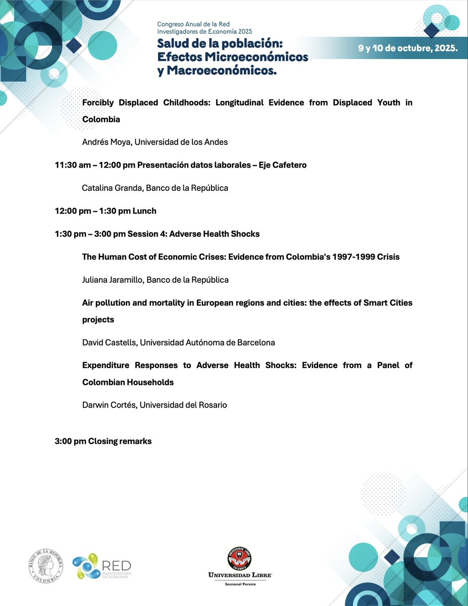🤩¡AHORA SÍ!🤩

🤓 Te presentamos la agenda del Congreso Anual de la Red 2025, "Salud de la Población: Efectos Microeconómicos y Macroeconómicos", que organizamos este año con <a href="/Ulibre_pereira/">Universidad Libre</a> <a href="/BancoRepublica/">Banco República 🇨🇴</a> 🥳

🧵 Sigue 👇
