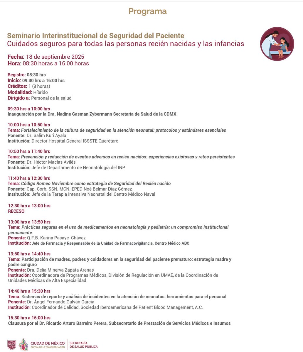 🟠 En el marco del "Día Mundial de la Seguridad del Paciente" 👩🏽‍🍼👶🏽, asistimos al "Seminario Interinstitucional de Seguridad del Paciente" de la <a href="/SSaludCdMx/">Secretaría de Salud Pública de la Ciudad de México</a> 🇲🇽   ¡La seguridad del paciente desde el comienzo!🟠 #CalidadHGAM #HGAM #RCAC <a href="/IMSS_Bienestar/">IMSS Bienestar</a> @IMSSBIENESTAR