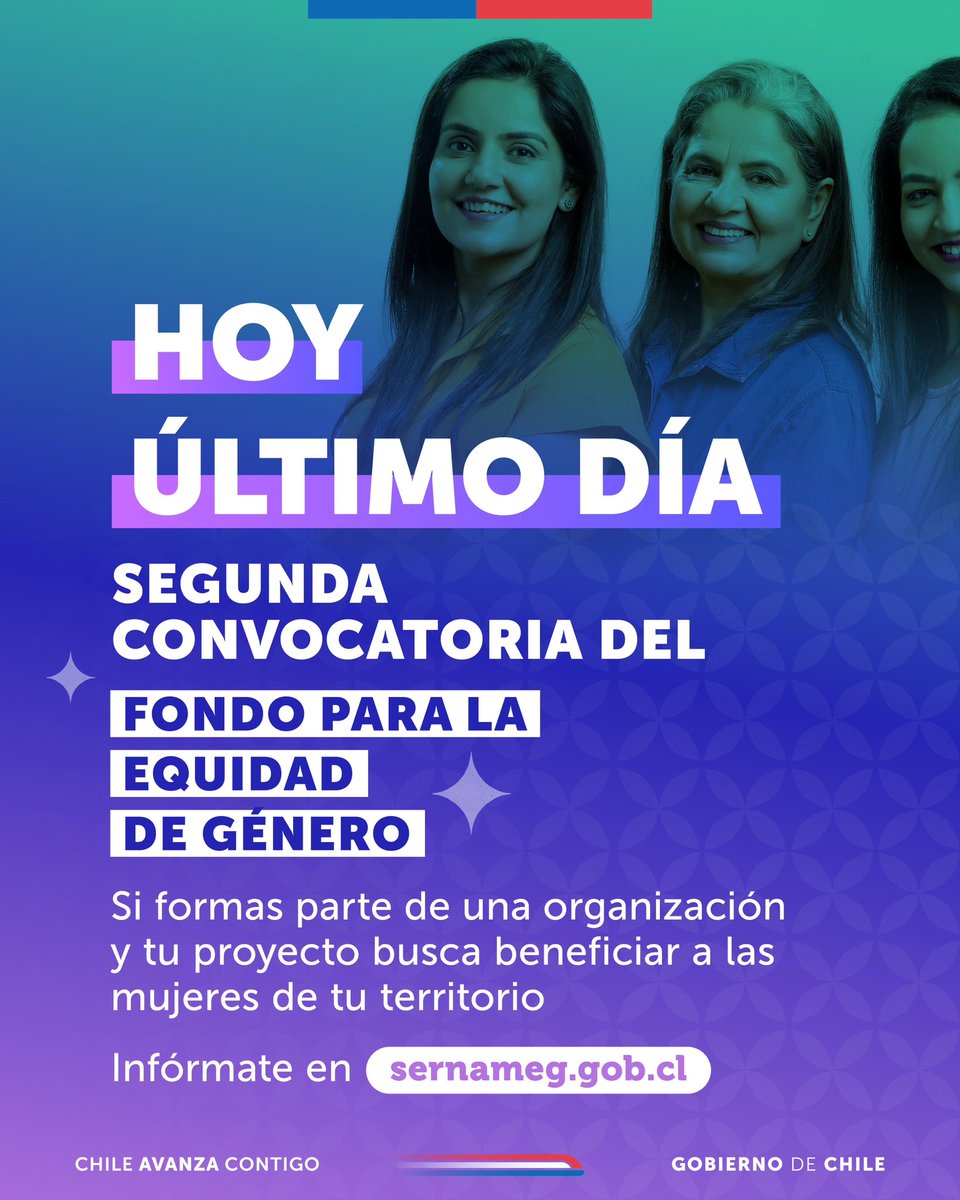 🚨 Atención organizaciones de la Región de Aysén‼️Hoy es el último día para postular al Fondo para la Equidad de Género del #SernamEG 💻 Conoce las bases y toda la información que necesitas en sernameg.gob.cl📱para postular ingresa a fondos.gob.cl