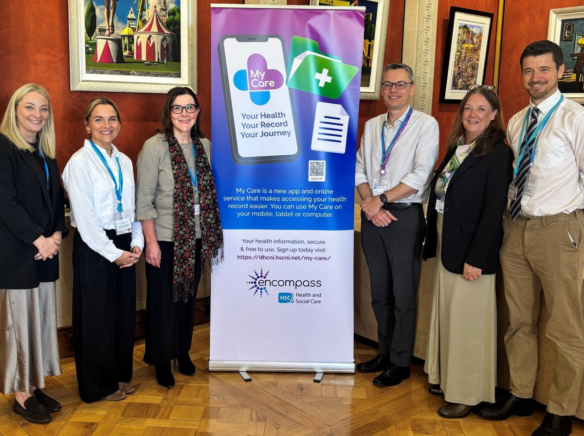 NHSCTrust's tweet photo. Members of #teamNORTH have joined the Health Minister at Stormont to celebrate the progress of #MyCare, the encompass patient portal📱

Over 56,000 service users in the Northern Trust have now signed up to the app.

Start your digital health journey ➡️  https://t.co/A5d7OPOOfX? https://t.co/Gv3q4qknDL