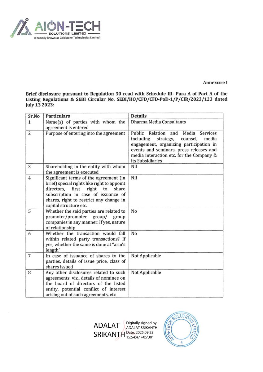 stocknewslatest's tweet image. #GOLDTECH AION-TECH SOLUTIONS LIMITED has engaged Dharma Media Consultants for public relations and media advisory services to support the company and its subsidiaries. The agreement covers strategy, counsel, media engagement, event participation, and press releases.