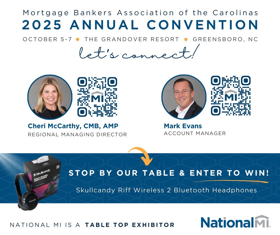 National MI is excited to be a table top exhibitor at the MBAC’s 69th Annual Convention on Oct. 5-7! 👉 If you’re attending, stop by our booth and say hello to Cheri McCarthy and Mark Evans. We’ll see you in Greensboro! 

#NationalMI #MBAC <a href="/MBACINC/">Mortgage Bankers Association Of The Carolina's Inc</a>