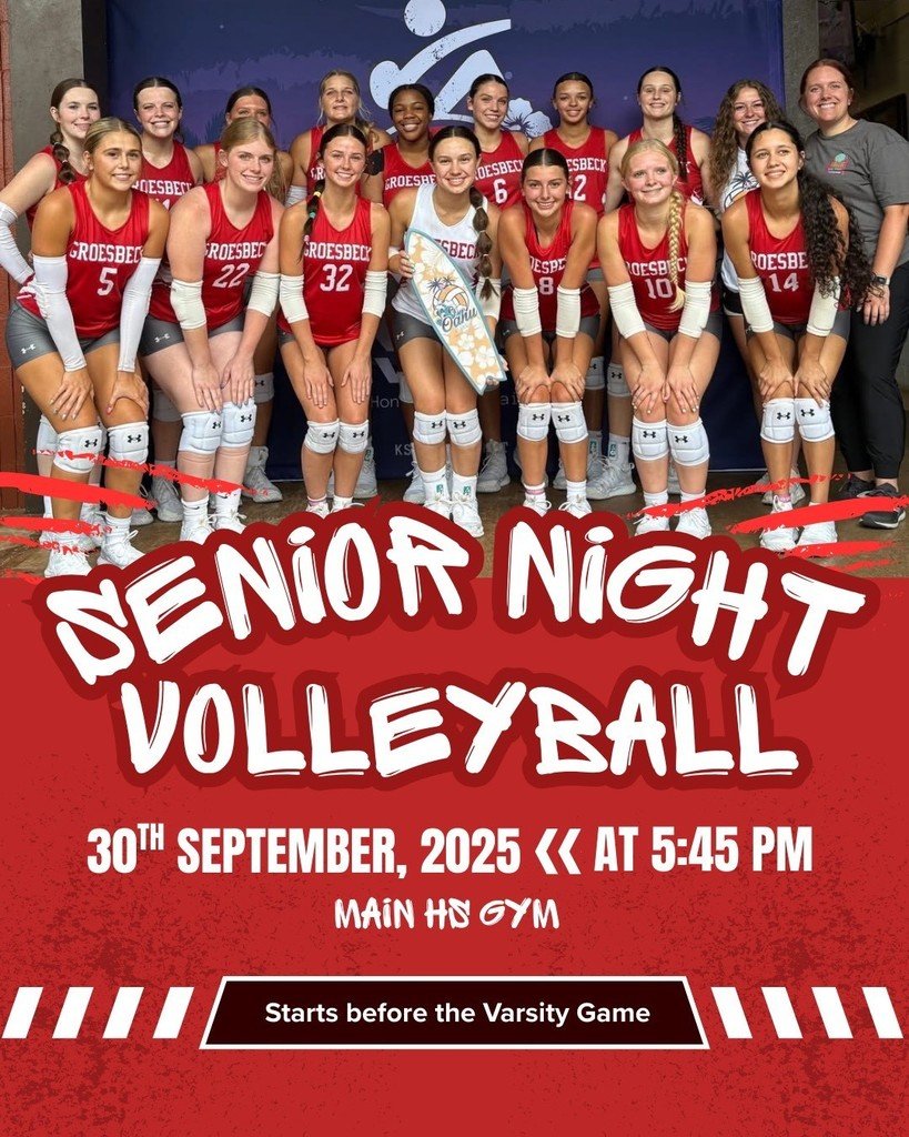 Come join us in celebrating our Volleyball Seniors at Senior Night on September 30 at 5:45 pm.  Stay and watch the game, Groesbeck vs. Westwood.  Go GOATS!