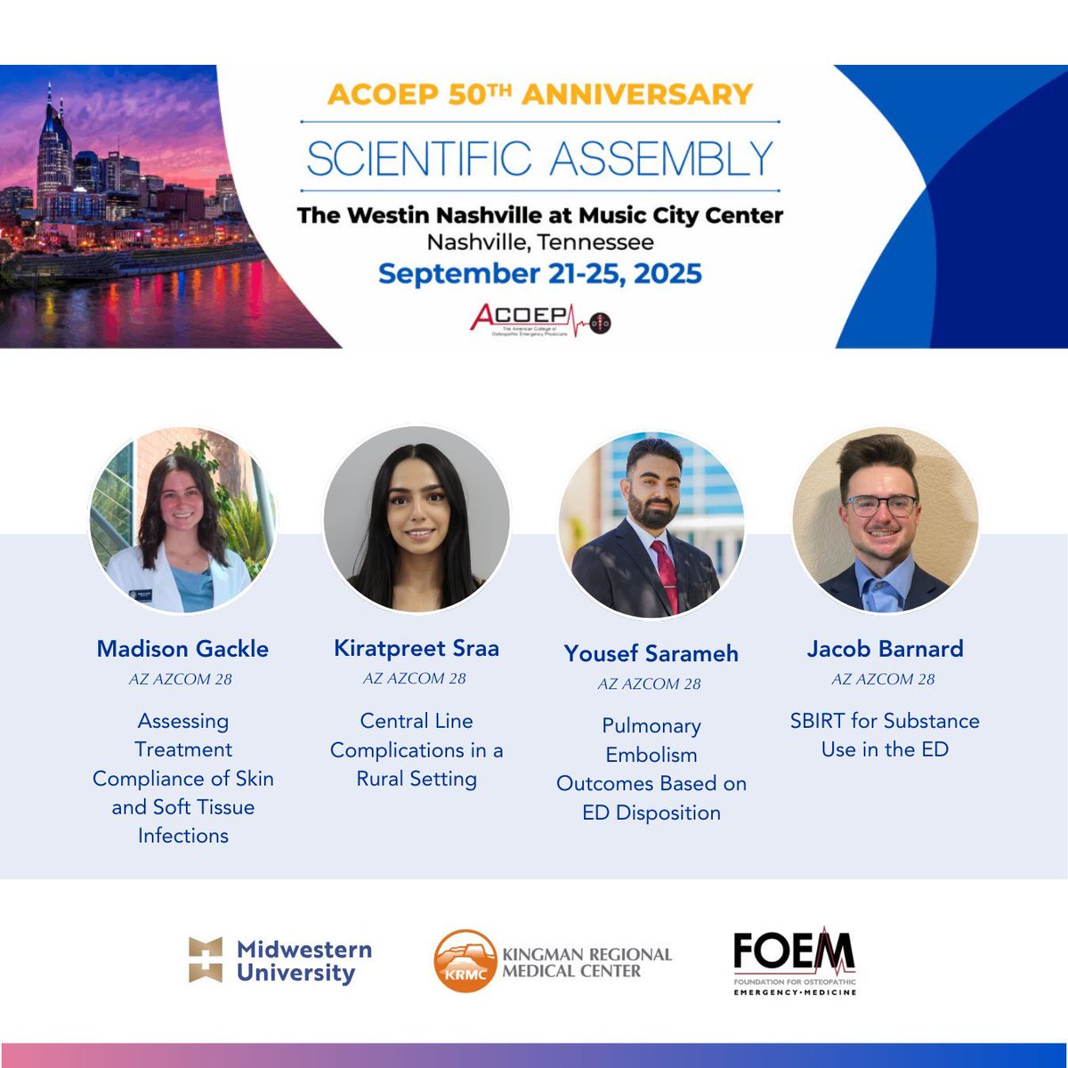 KRMCResearch's tweet image. Are you @ACOEP? Be sure to catch the fellows from @midwesternuniv and @azkrmc at the FOEM Oral Abstract Competition. This event invites students to showcase their innovative research in emergency medicine. Join us from 1:00 PM until 5:00 PM. #ACOEPSA25 #ACOEP #BeyondMedicine