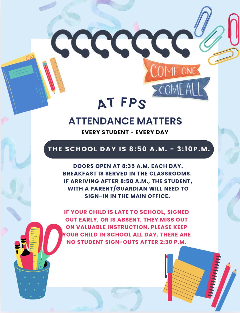 FPS_2025's tweet image. Each day at Franklin Park School is a chance for your child to learn, grow, and connect with friends. When students are here, they feel part of our community and don’t miss out on important moments. Let’s work together to make every day count! @VPSikorski_FTPS
