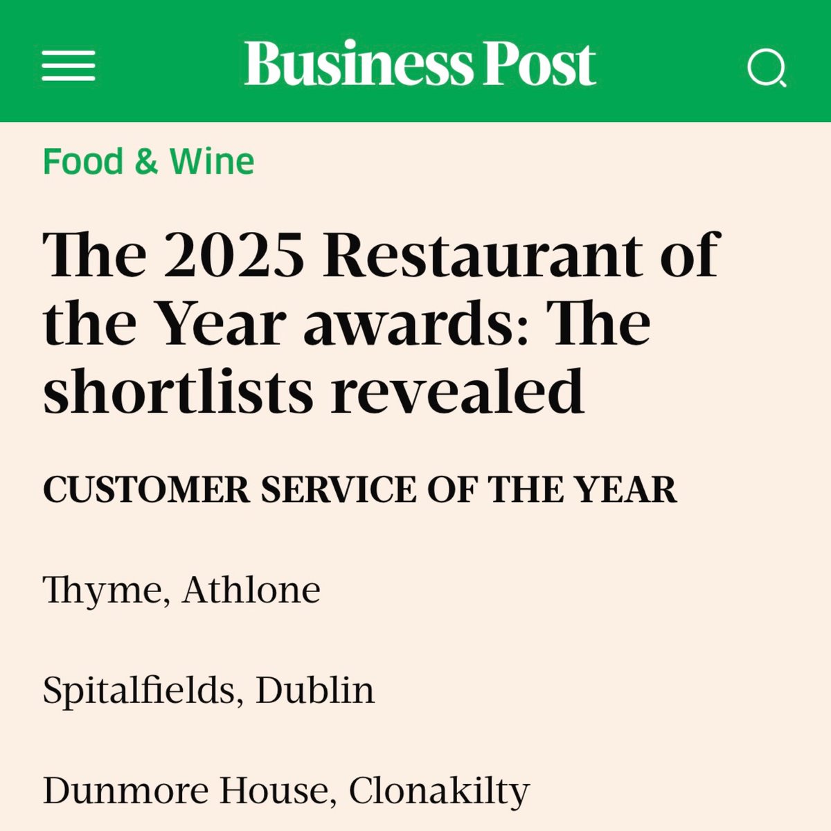 Dunmorehouse's tweet photo. We are delighted to have been shortlisted for @foodandwineIE  Customer Service of the Year AND Hotel Restaurant of the Year 2025!

Thank you to our team-it truly is the people that make the place! Thank you @gnelis for your support of Irish hospitality!

#DunmoreHouse #ROTYA2025 https://t.co/DvbzVY0cH8